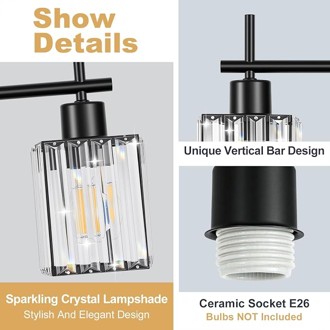 Black Bathroom Light Fixtures, Square, 4-Light | Vanity Lights with Crystal Shades, Modern Bathroom Lighting Fixtures over Mirror (Bulbs Not Included, E26)
