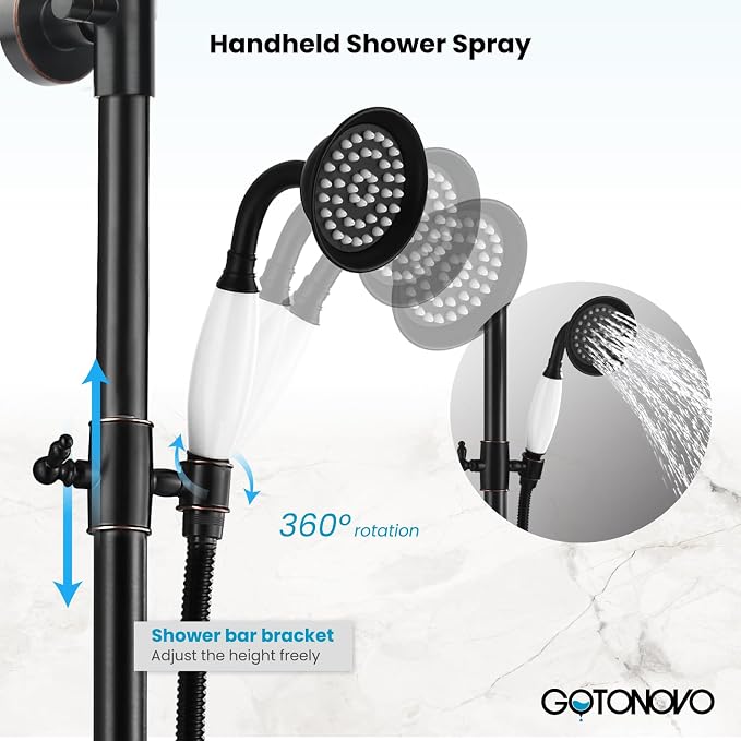 gotonovo Exposed Shower System with Spout,Oil Rubbed Bronze,No Shower Shelf | Brass Shower Faucet Set,8’’ Rain Head with Handheld Spray,Swivel Tub Spout,2 Cross Handle,6’’ Hole Distance,Adjustable Height