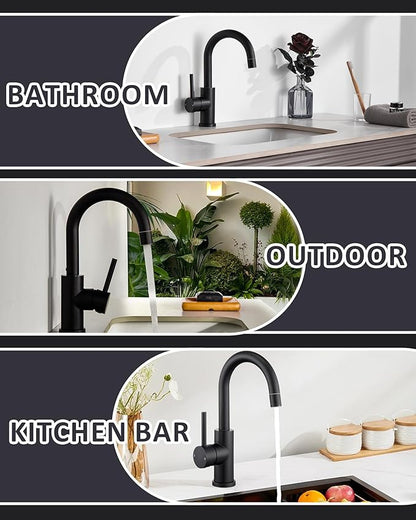 Tohlar Black Bathroom Sink Faucet, Single Hole Bathroom Faucet with Sprayer, RV Vanity Small Kitchen Faucet with 360° Rotation Spout, Matte Black Bar Sink Faucet with Pop Up Drain, 24” Supply Hoses