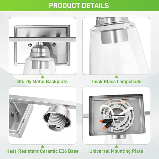 hykolity 3-Light Vanity Light Fixture, 5-Piece All-in-One Bathroom Set with Towel Bar, Ring, Robe Hook & Toilet Paper Holder for Bathroom Mirror Lighting, Brushed Nickel Wall Light with Glass Shade