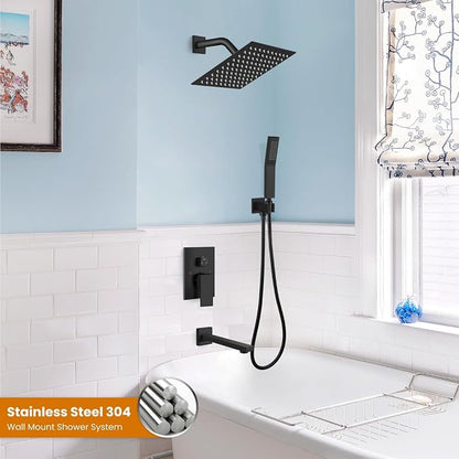 gotonovo Bathtub Shower Faucet Set, 8 Inch Shower Head, Matte Black | Wall Mounted Shower System with Tub Spout for Bathroom, Square High Pressure Rain Shower head with Handheld Spray, All Metal