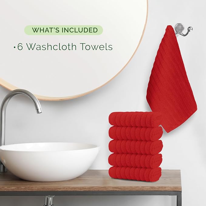 Elegant Comfort 100% Turkish Cotton Corduroy Ribbed Luxury Washcloths 6 Pack Soft 13 x 13 Inch - Higly Absorbent, Durable, Quick Dry, Spa Premium Hotel Quality for Bathroom or Travel, Red