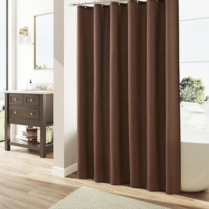 Caramel Brown Linen Shower Curtain, Country Boho Farmhouse Bath Decor Shower Curtains Neutral Cloth Weighted Textured Fabric Bath Curtain Liner with Hooks, 72x84