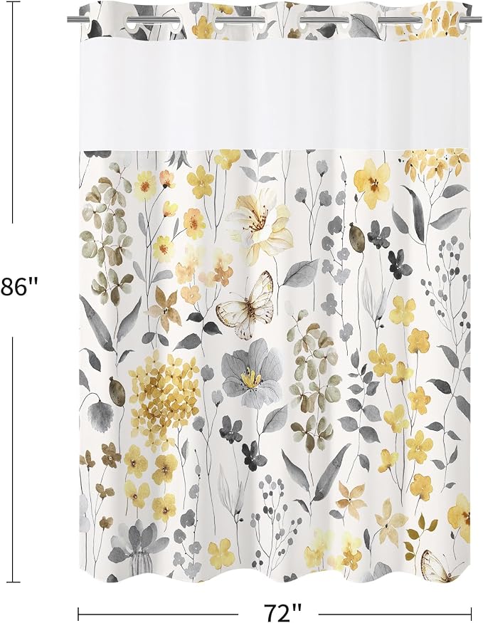 No Hook Yellow Watercolor Floral Shower Curtain and Liner Set, 72x86 | Spring Flower Shower Curtains with Snap-in Liner for Farmhouse Bathroom Decor, Botanical Bathroom Curtain with Leaves