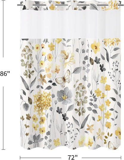 No Hook Yellow Watercolor Floral Shower Curtain and Liner Set, 72x86 | Spring Flower Shower Curtains with Snap-in Liner for Farmhouse Bathroom Decor, Botanical Bathroom Curtain with Leaves