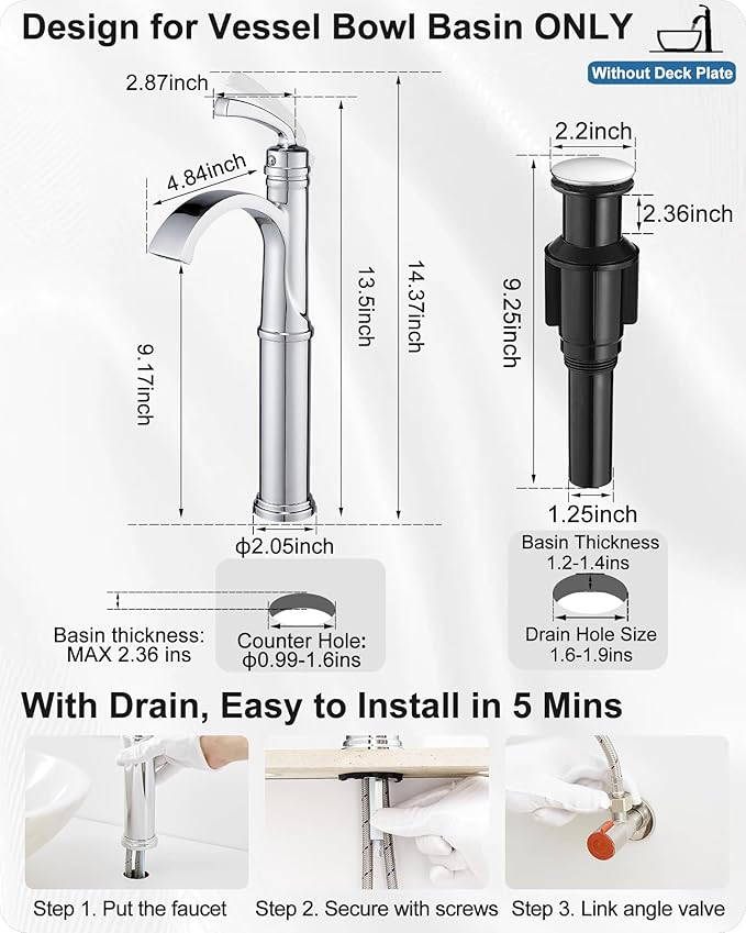 Tall Waterfall Bathroom Faucet Chrome, Single Handle Brass Vessel Faucet, Tall Faucet for Bathroom Sink, Bathroom Vanity Faucets 1 Hole with Pop up Drain Water Lines