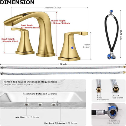 Waterfall 2 Handle Widespread Roman Tub Faucet Brushed Gold | 3 Hole Deck Mount Bathtub Filler with Valve & Supply Lines