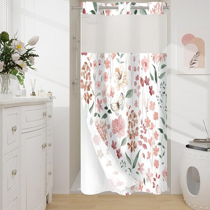 Litabel No Hook Pink Watercolor Floral Shower Curtain and Liner Set, 36x74 | Spring Flower Shower Curtains with Snap-in Liner for Farmhouse Bathroom Decor, Botanical Bathroom Curtain with Leaves