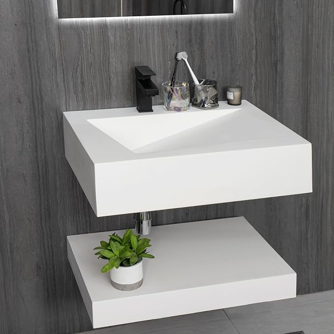 24”x19" Wall-Mount Stone Resin Bathroom Sink Rectangular Vessel Sinks for Bathroom Floating Vanity Sink Trough Modern Art Basin with Shelf Layer