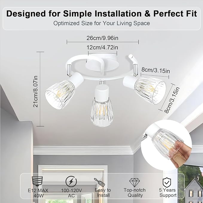HiBay 3-Light Track Lighting White, Directional Modern Ceiling Fixture | with Glass Shades, Flush Mount Ceiling Spotlight Indoor for Kitchen, Bedroom, Living Room, E12 Base, No Bulbs