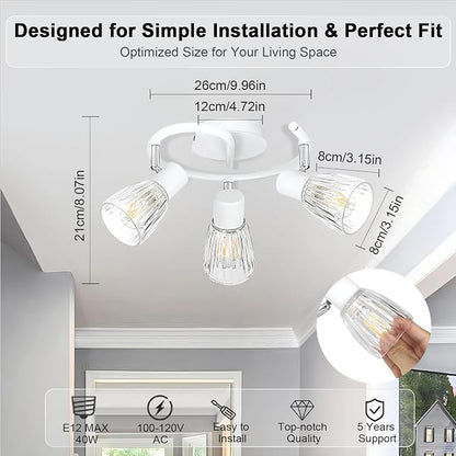 HiBay 3-Light Track Lighting White, Directional Modern Ceiling Fixture | with Glass Shades, Flush Mount Ceiling Spotlight Indoor for Kitchen, Bedroom, Living Room, E12 Base, No Bulbs
