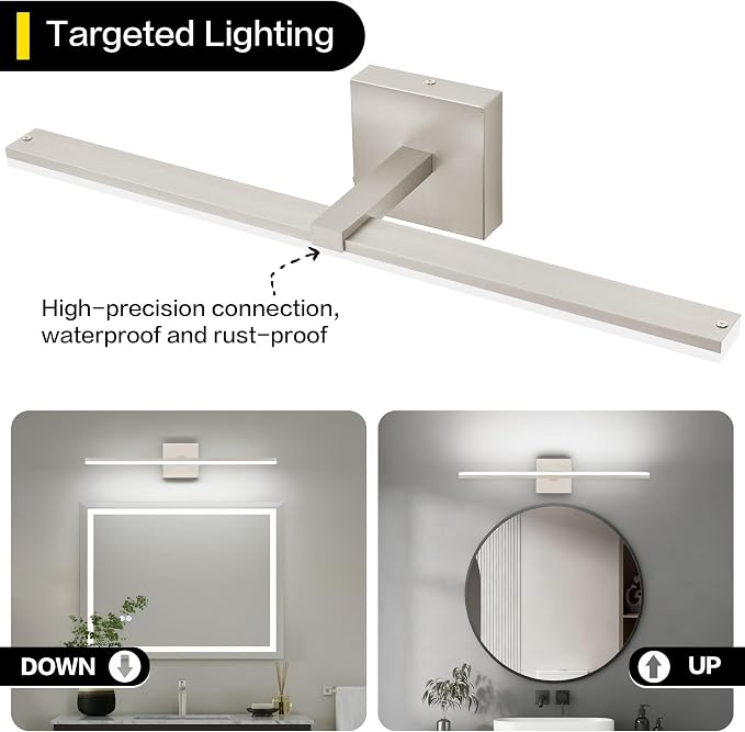24 Inch Vanity Lights for Bathroom Brushed Nickel Over Cabinet Arm Wide LED Bar 18W 1440lm 6000K
