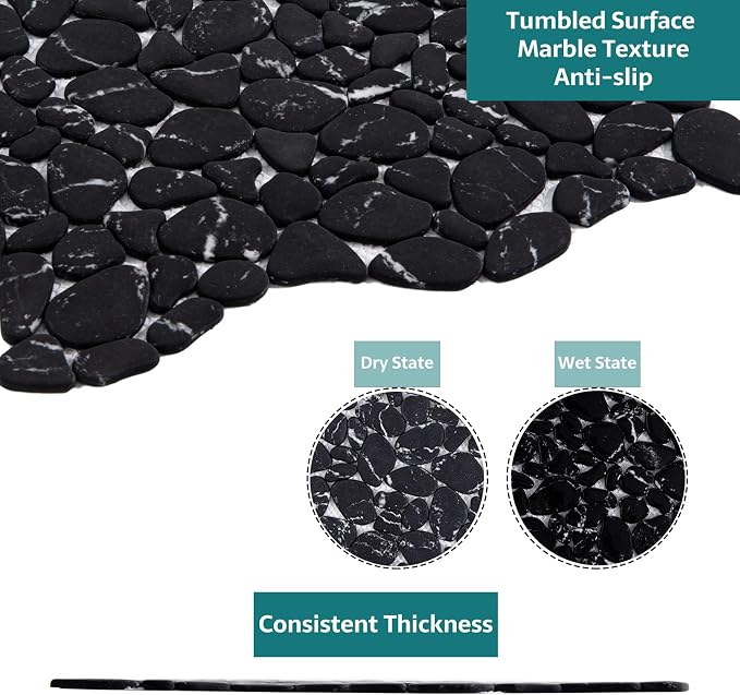 Pebble Tile, Pebble Tiles for Shower Floor Kitchen Backsplash Bathroom Black Marble Stone Look Wall and Floor Tile, 10 Sheets