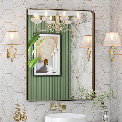 LOAAO 28"X36" Bronze Bathroom Mirrors | Rounded Rectangle, Brushed Bronze Metal Frame, Anti-Rust, Hangs Horizontally or Vertically