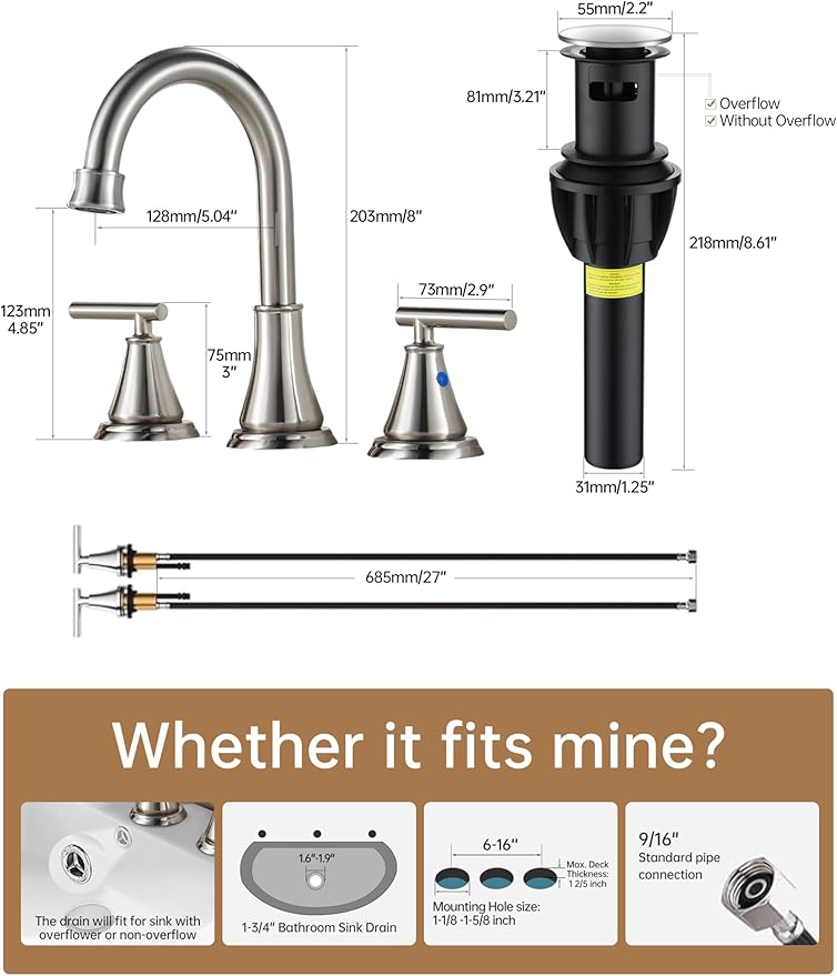Fransiton 8 Inch Widespread Bathroom Sink Faucet 3 Hole 2-Pack, Brushed Nickel with Metal Pop-Up Drain Assembly,2 Handle for Sink Vanity