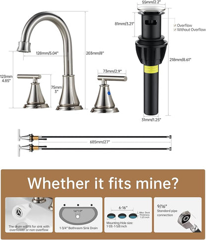 Fransiton 8 Inch Widespread Bathroom Sink Faucet 3 Hole 2-Pack, Brushed Nickel with Metal Pop-Up Drain Assembly,2 Handle for Sink Vanity
