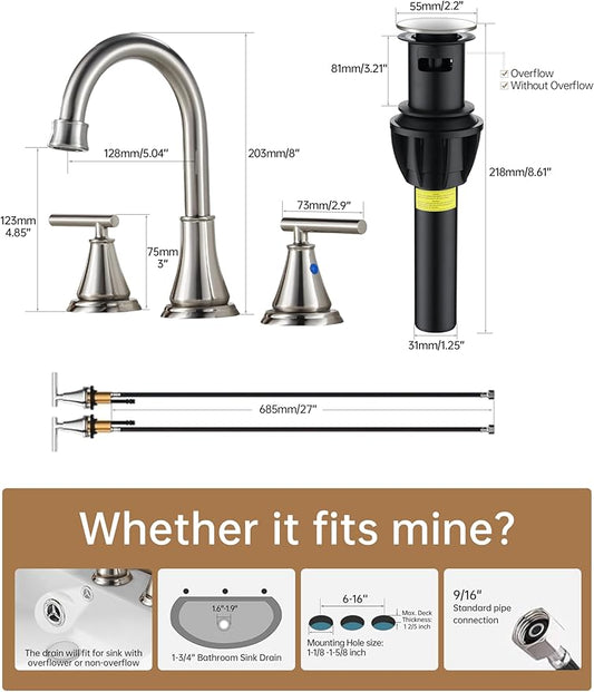 Fransiton 8 Inch Widespread Bathroom Sink Faucet 3 Hole, Brushed Nickel Bathroom Faucet with Metal Pop-Up Drain Assembly, Bathroom Vanity Faucet, 2 Handle for Sink