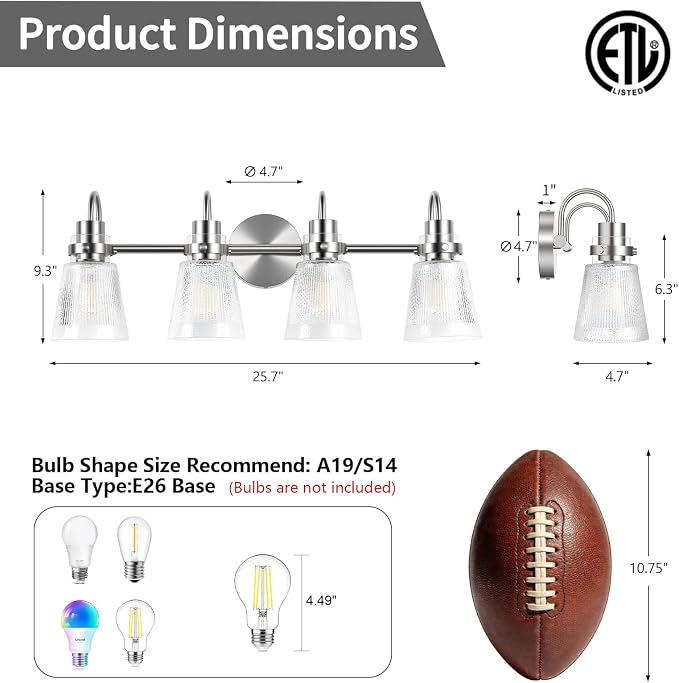 4-Light Bathroom Light Fixtures 25.7 Inch Brushed Nickel Vanity Lights for Bathroom Lighting Fixtures Over Mirror with Clear Striped Glass Shade for Mirror Bedroom Hallway