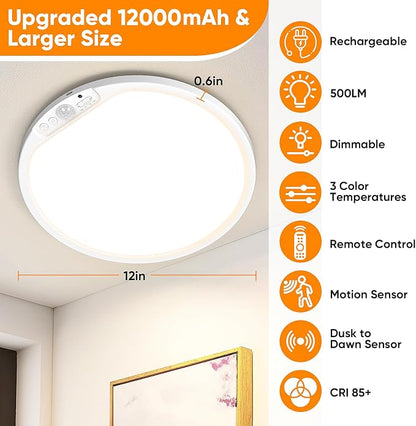 Rechargeable Motion Sensor Ceiling Light, 12000mAh Battery Closet Light | 12" Wireless Battery Powered LED Shower Light, Magnetic Cordless Ceiling Light with Remote, Overhead Lamp for Pantry Hallway