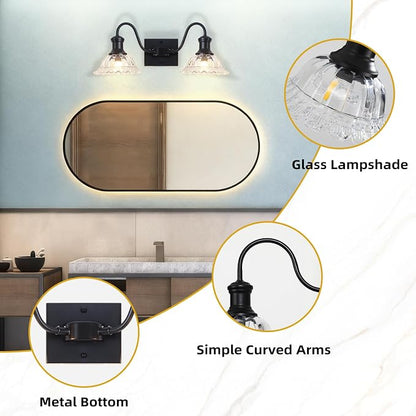 Farmhouse Vanity Lights, 2-Light Vanity Light with Clear Flower Glass Shade, Bathroom Lights Fixtures Over Mirror, Vintage Wall Sconce for Bathroom, Dressing Table