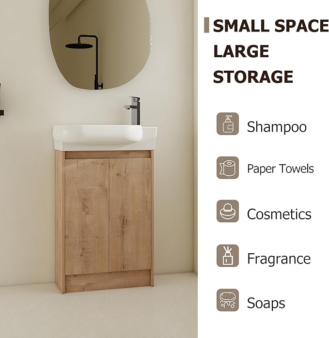 Henf 23" Freestanding Bathroom Vanity with Sink Set for Small Space, Soft Close Doors Round Ceramic Basin Floor Mount Bathroom Cabinet, Vanity and Sink Combo for Home