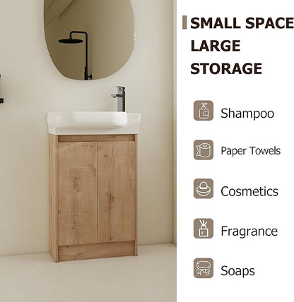 Henf 23" Freestanding Bathroom Vanity with Sink Set for Small Space, Soft Close Doors Round Ceramic Basin Floor Mount Bathroom Cabinet, Vanity and Sink Combo for Home