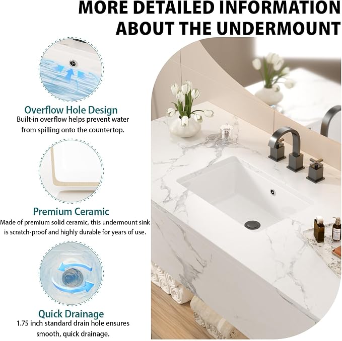 White Ceramic 18"x12" Undermount Bathroom Lavatory Sink | Rectangle under counter white bathroom vessel sink for bathroom with overflow