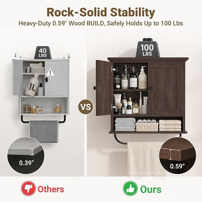 Besiost Farmhouse Bathroom Wall Medicine Cabinet with Removable Towel Bar | Over Toilet Storage Organizer, 7.9" Slim Profile, 100 Lbs Capacity, Adjustable Shelf, Soft Close Hinges Door, Black Walnut