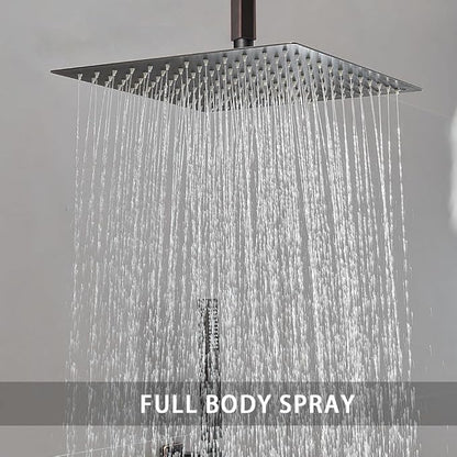 ‎Oil Rubbed Bronze Shower System Bathroom 12 Inch Rain Shower Head Ceiling Mount with Handheld Luxury High Pressure Shower Combo Set Shower Faucet Rough-in Valve Body and Trim Kit