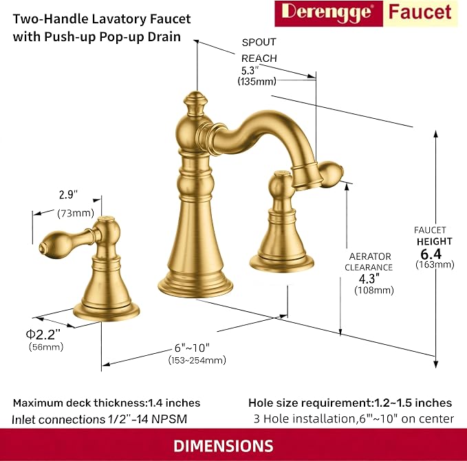 Two Handle Bathroom Sink Faucet 3 Hole Brushed Gold with Pop up Drain,High Arc Lavatory 8 Inch Widespread Bathroom Faucet, F-8805-BG