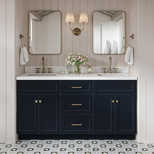 DKB Bradford 66" Midnight Blue Double Bathroom Vanity, 1.5" Carrara Quartz Countertop, Rectangular Undermount Sinks, 2 Soft Closing Doors, 3 Dovetail Drawers, Satin Brass