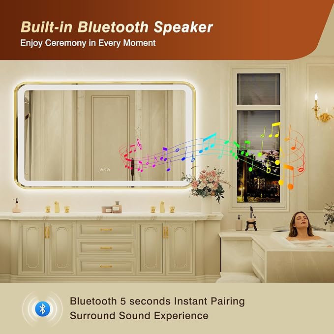 32x55 Inch Gold Framed LED Bathroom Mirror with Lights, Built-in Bluetooth Speaker,Tempered Glass,Dimmable Lighted Bathroom Vanity Mirror with 3 Colors, Backlit + Frontlit, Memory, Anti-Fog
