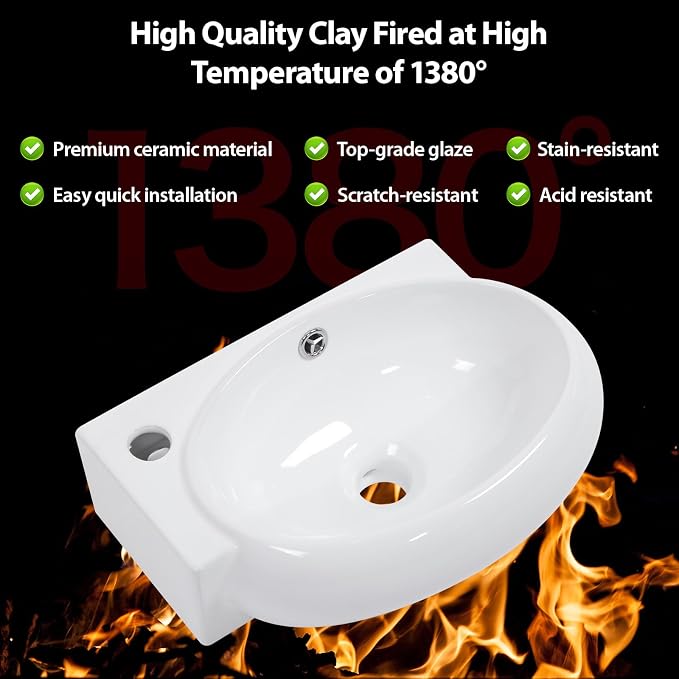 Wall Mount Hung Bathroom Sink 16"x11" Round Modern Vessel Sinks | Bathroom Corner Floating Sink White Porcelain Ceramic Wall Hung Bathroom Vessel Sink for Rvs, Restroom, Toilet