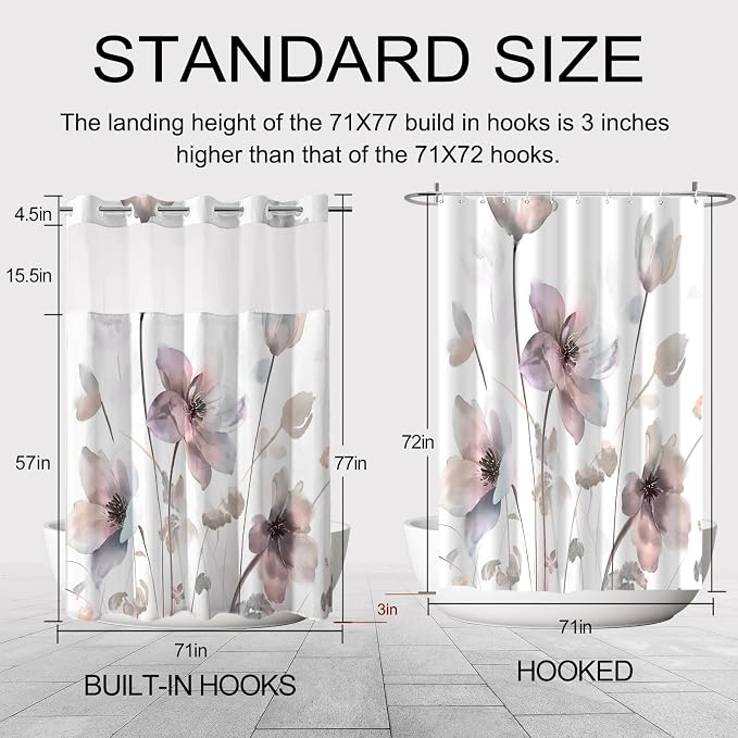 No Hook Shower Curtain and Liner Set, Pink Boho Floral 71x77 | Watercolor Boho Flower, with Snap in Liner, Mesh Top Window, Waterproof, Machine Washable, Quick-Drying, for Hotel Bathroom