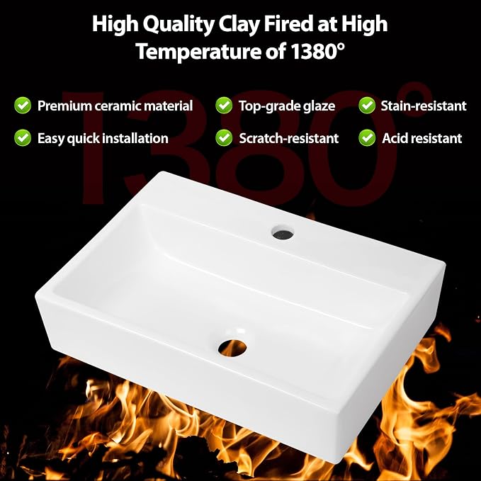 Wall Mount Bathroom Sink 20"x14" Floating Vessel Sink | Rectangle Bathroom Sink Vessel Sink For Bathroom Ceramic White Wall Mount Sink for Rvs, Restroom, Toilet