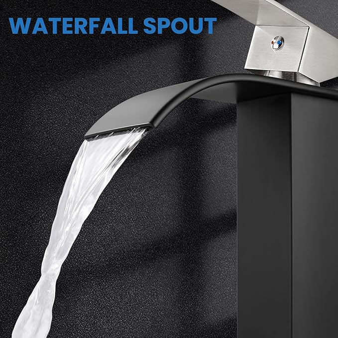 Airuida Vessel Sink Faucet Tall Waterfall Bathroom Fixtures Matte Black&Brushed Nickel Vanity Faucet for Sink 1 Hole Modern Lavatory Vessel Basin Faucet Deck Mount Single Handle Mixer Tap