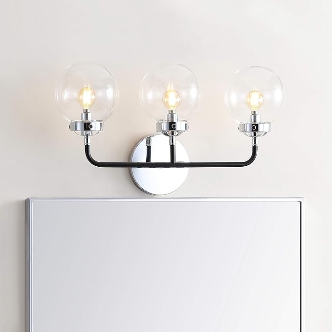 JONATHAN Y 22" Chrome/Black 3-Light LED Wall Sconce Vanity Lighting, Clear Glass Globe Shade Modern Contemporary Sconce for Bathroom Mirror, Hallway, UL Listed (JYL9058A)