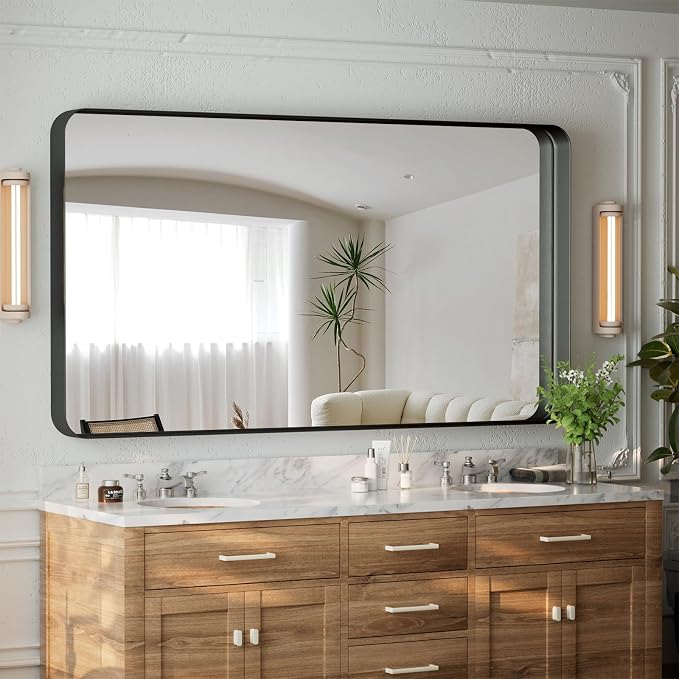 55"x 30" Black Bathroom Mirror - Aluminum Framed Wall Mirror, Bathroom Wall Mounted Vanity Mirror, Modern Bathroom Mirror, Bedroom, Living Room Wall Mirror, Hang Horizontally or Vertically
