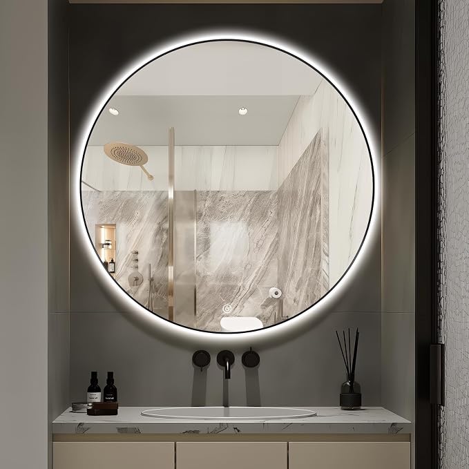 Niccy Round LED Bathroom Mirrors, Black Framed Backlit Vanity Mirror, 44" | LED Smart Circle Mirror with 3 Color Lighting, Anti-Fog Lighted, IP65 Waterproof, Wall Mounted Bathroom Vanity