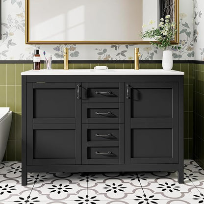 48" Bathroom Vanity with Sink Combo, Freestanding Modern Thickened Wood Bathroom Storage Cabinet with Undermount Double Sink, 3 Drawers & 2 Soft-Close Doors with Organizers, Black