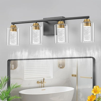 4-Light Black & Gold Bathroom Vanity Light with 3 Color Modes (3000K/4000K/6000K), Dimmable Modern Wall Light Over Mirror with Clear Glass Shade