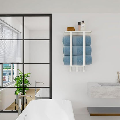 Towel Racks for Bathroom White, Bathroom Towel Rack with Shelf and 3 Hooks Wall Mounted, Towel Storage Rack for Small Bathroom