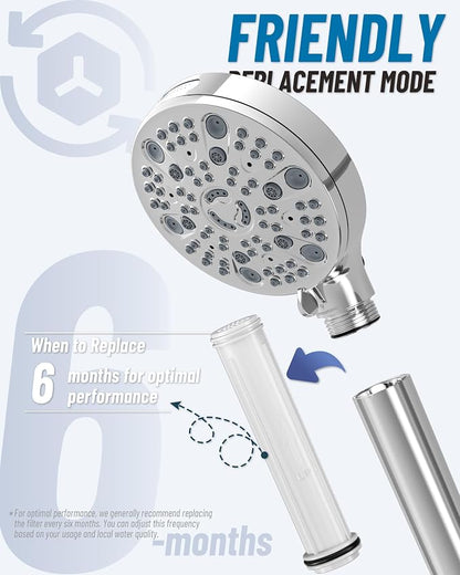 Filtered Handheld Shower Head for Hard Water, High Pressure Showerhead with 7 Spray Modes, Power Jet & Pause, Detachable & Adjustable for Healthier Skin & Hair - Chrome(VMASSTONE HM-003)