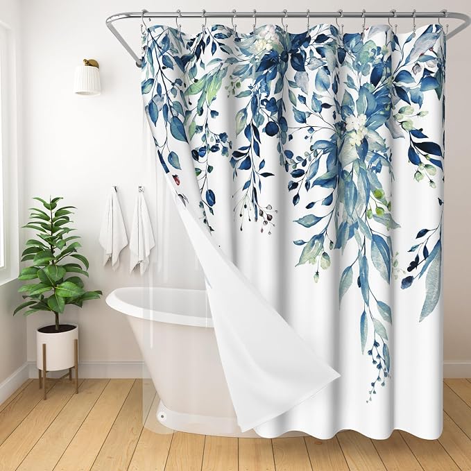 3 in 1 Shower Curtain Set, Watercolor Eucalyptus, Blue | Polyester Bath Curtain with Magnetic PEVA Liner and 12 Double Sided Stainless Steel Hooks 72x72 Inches