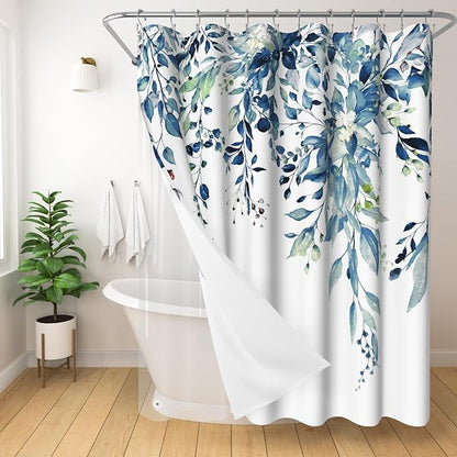 3 in 1 Shower Curtain Set, Watercolor Eucalyptus, Blue | Polyester Bath Curtain with Magnetic PEVA Liner and 12 Double Sided Stainless Steel Hooks 72x72 Inches