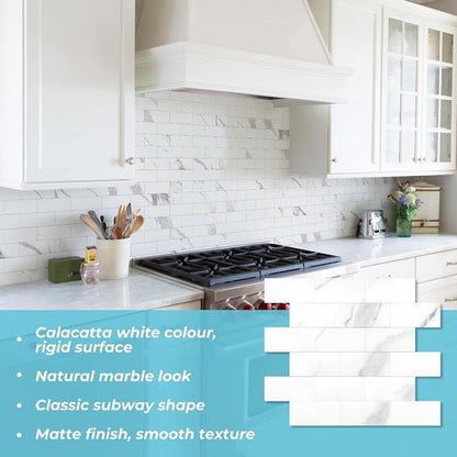 STICKGOO 10-Sheet Subway Tile Peel and Stick Backsplash, Calacatta | Marble Look Kitchen Backsplash Wall Tiles, Peel and Stick Wall Panels for Bathroom, Fireplace, RV
