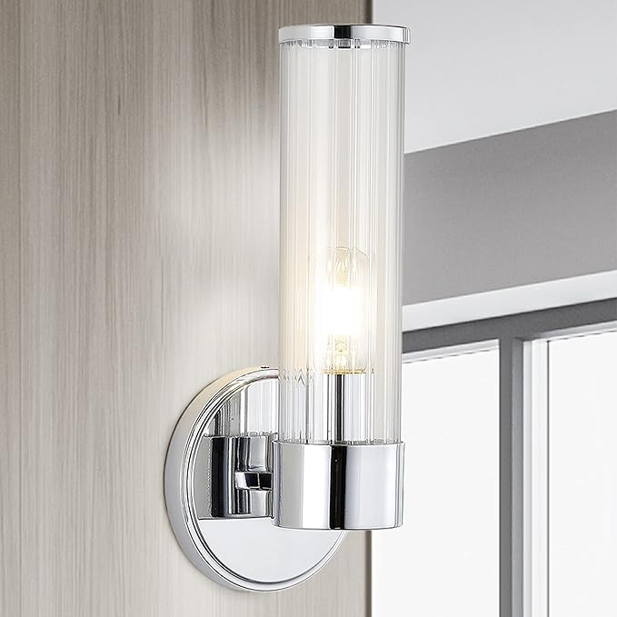JONATHAN Y 6" Chrome 1-Light Modern Mid-Century LED Vanity Light Sconce for Bathroom, Hallway, Bedroom Wall Mounted Fixture with Striped Clear Glass Shade, LED Bulb Included JYL3537A