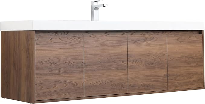 Blossom 60 Inch Bathroom Vanity with Sink, Wall Mounted Floating Bathroom Vanity Cabinet with Acrylic Sink, All Wood Soft Close Doors and Storage, Space Saving Design, Brown Walnut Finish