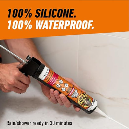 Gorilla 100% Silicone Caulk, Kitchen & Bath Sealant, White, 10 oz Cartridge | Mold & Mildew Resistant, 100% Waterproof Seal, 30-Minute Water-Ready, Flexible and Durable