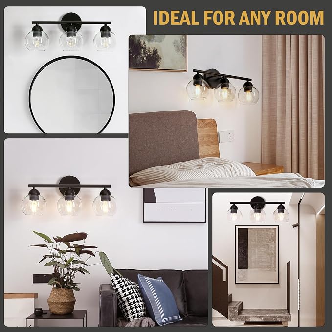 3 Light Bathroom Vanity Light, Black Vanity Light with Globe Glass Shades, Farmhouse Bathroom Light Fixtures Over Mirror, Modern Wall Lights for Bedroom Hallway, E26 Socket